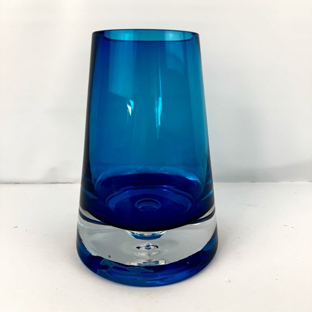 MCM Krosno Poland Art Glass Tapered Turquoise Vase Bubble Clear Bottom